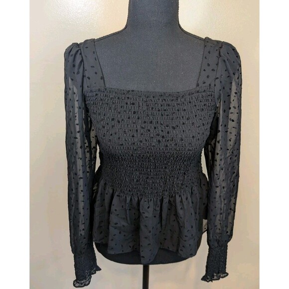 Nine West Blouse Black Smocked Square Neck Polka Dot Long Sheer Sleeves XS - Picture 11 of 13